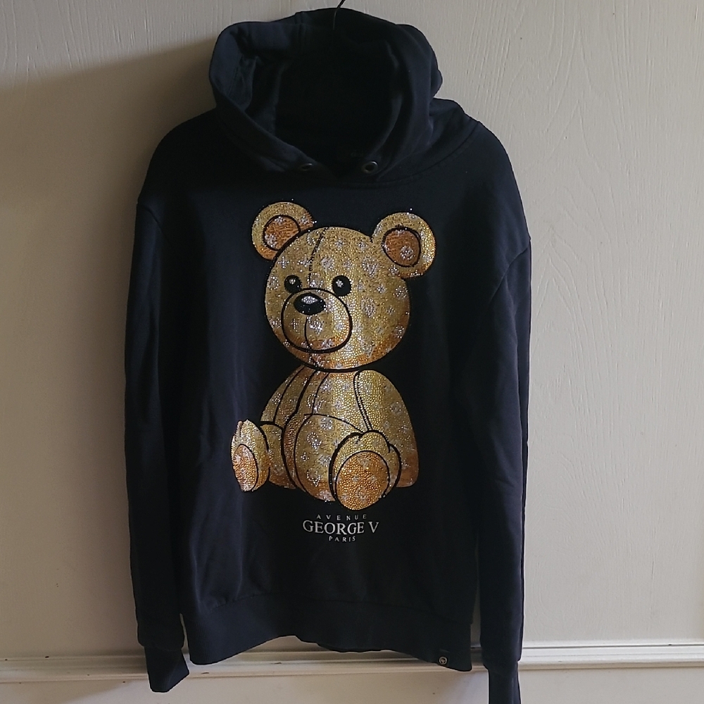 NWOT Avenue George V Paris Men's Hoodie Black/Gold Teddy Bear Rhinestones Sz L